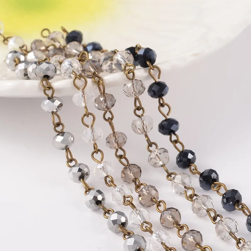 6x5mm Handmade Glass Beaded Chains for Necklaces Bracelets Making with Brass Eyepins 39.3