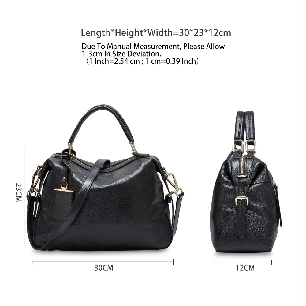 Zency 100% Genuine Cowhide Leather Fashion Women Tote Bag Classic Black Boston Handbag Double Strap Crossbody Bag Bolsa Feminina