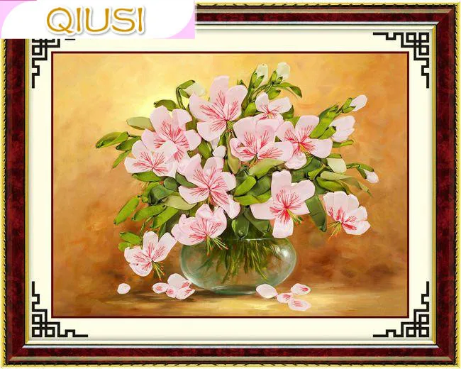 Needlework,Chinese Ribbon Cross stitch Set for Embroidery kit,Table vase Lily flowers Cross-Stitch handwork home wall decoration