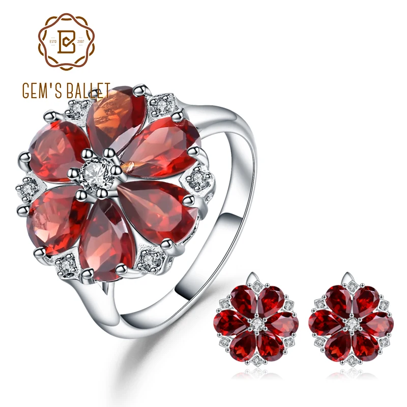 

GEM'S BALLET 100% 925 Sterling Silver Earrings Ring Set Natural Red Garnet Flower Jewelry Sets For Women Engagement Fine Jewelry