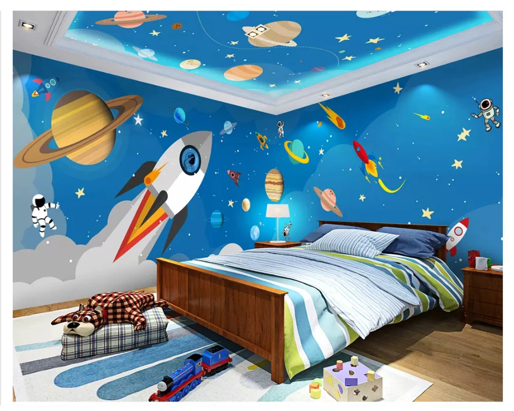 

beibehang Children's decorative painting wall paper rocket hand-painted blue starry theme space full house background wallpaper