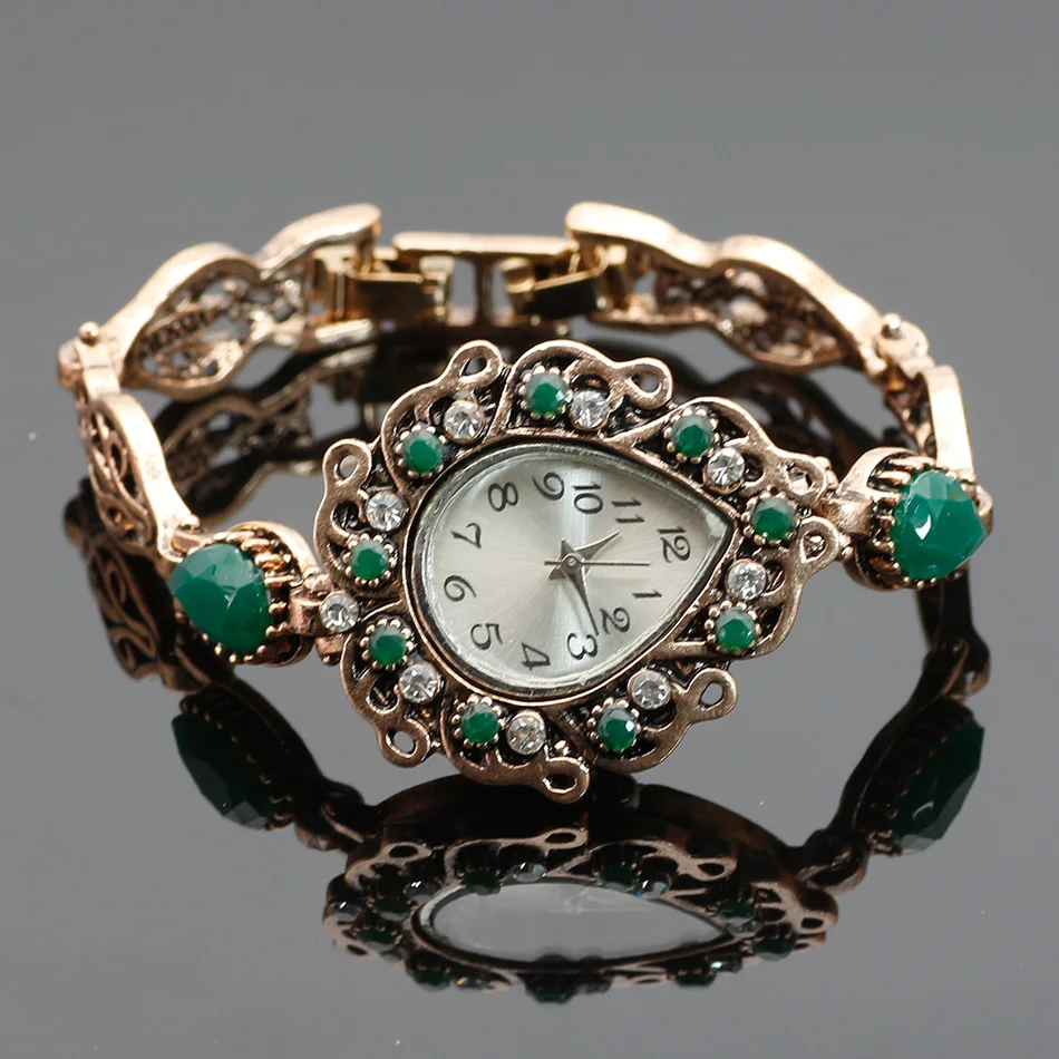 Sunspicems Vintage Turkish Green Resin Charm Bracelets Watch For Women Spring Flower Jewelry Quartz Watch Antique Bronze Color