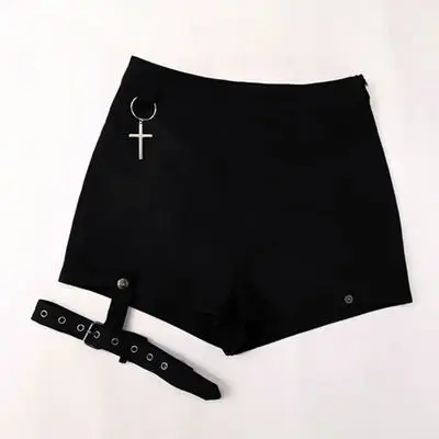 Ruibbit Spring Summer New Arrival  Women Vintage Punk Rock Gothic Shorts Sexy Cross Ring Short Pants Fashion Black Shorts