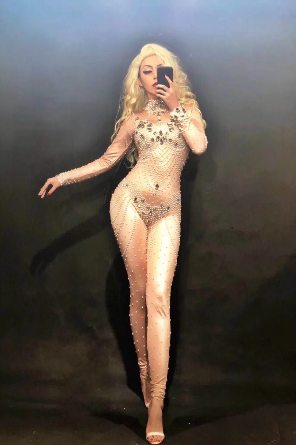 Cristalli dorati scintillanti Perle rosa Tuta Pietre Body elasticizzato Compleanno da donna Festeggia leggings sexy per spettacoli teatrali