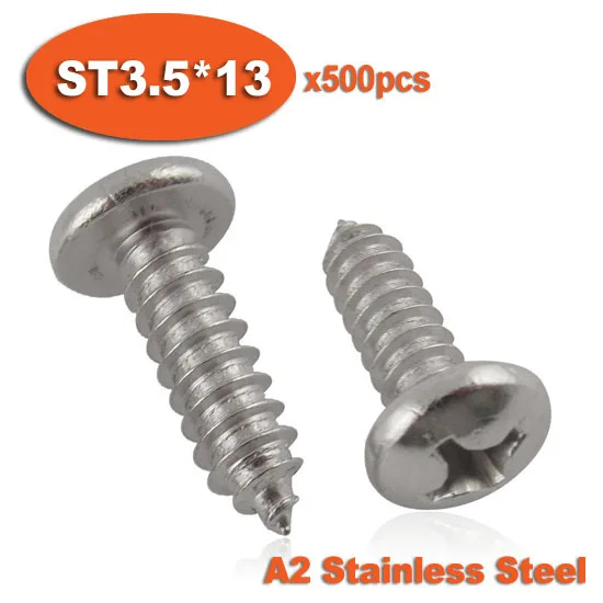 

500pcs DIN7981 ST3.5 x 13 A2 Stainless Steel Self Tapping Screw Phillips Cross Recessed Pan Head Self-tapping Screws