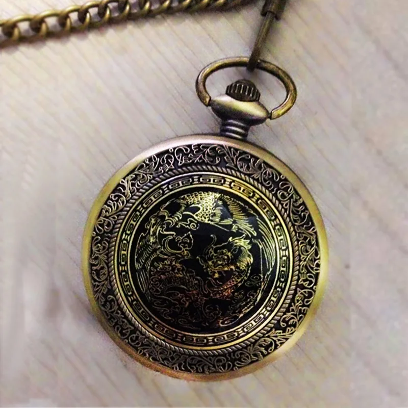 9078   Large bronze table cover engraved Chinese style nostalgic retro big dragon pattern pocket watch with necklace