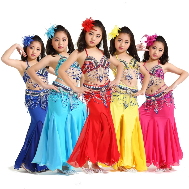 2018 New Children Belly Dance Clothes 3-piece Oriental Outfit Belly Dance Costume Set Competition Fishtai Skirts #865-1