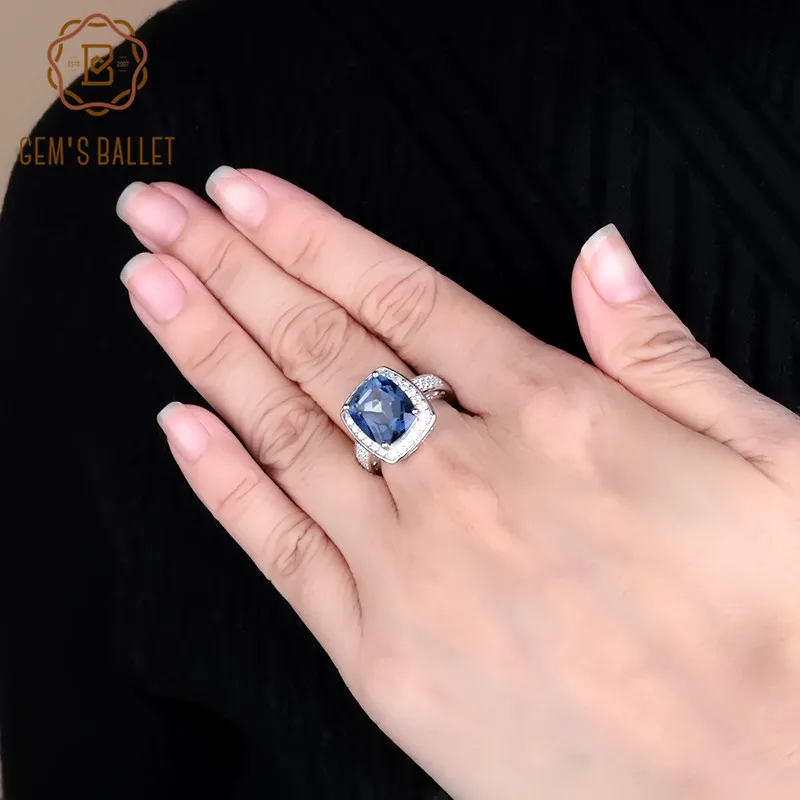 Gem's Ballet 6.22Ct Natural Iolite Blue Mystic Quartz Gemstone Ring 925 Sterling Silver Luxury Rectangle Rings For Woman Wedding