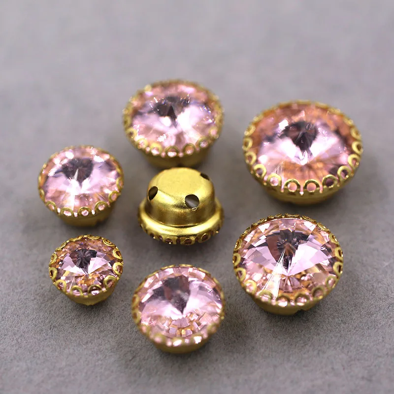 Free shipping Pink Round shape glass crystal sew on rhinestones gold base lacy claw rhinestone Diy garment/clothing accessories