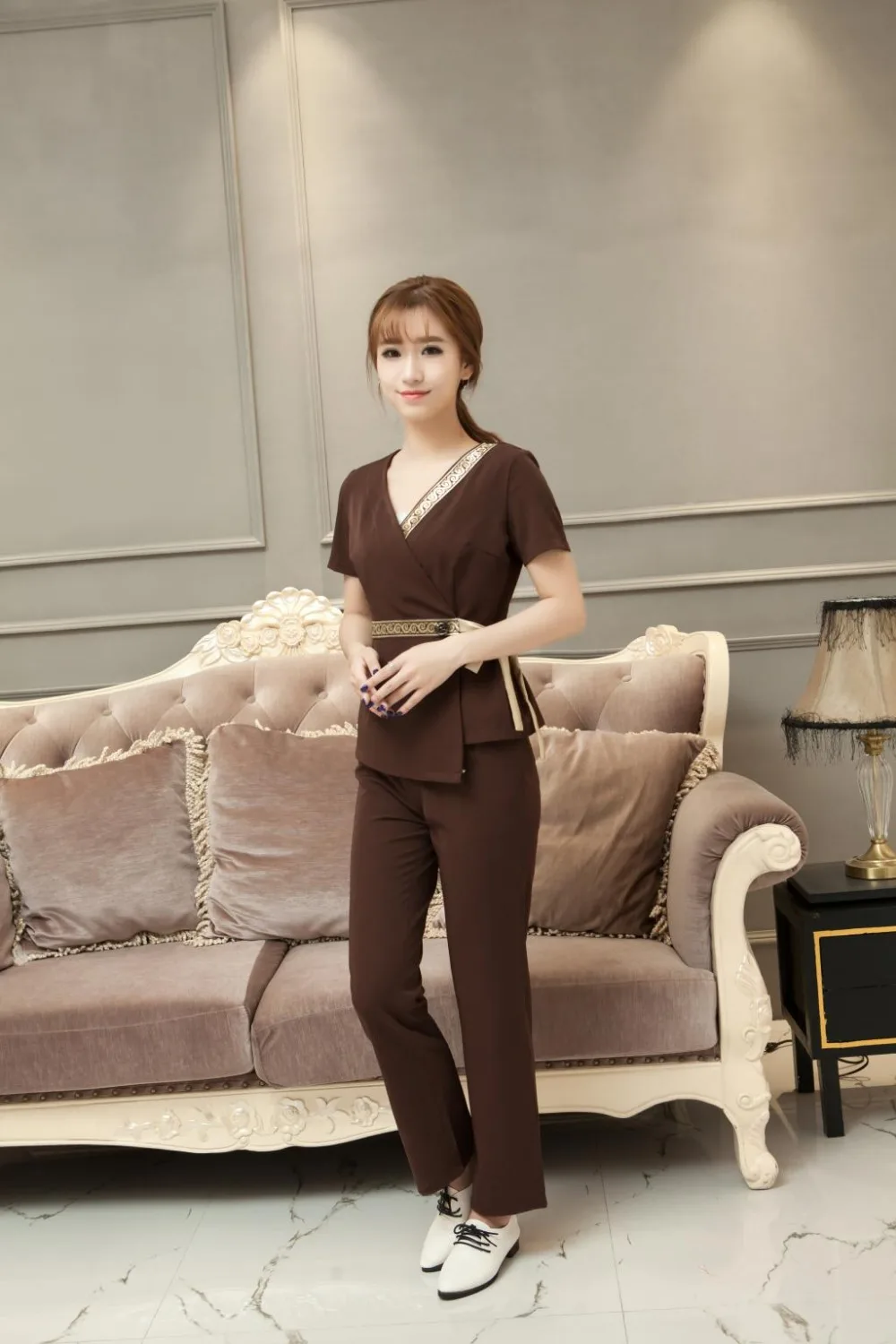 Thai Spa Clothing Plus Size Elegant Women Work Suit Hotel Beauty Salon Uniform Front Desk Top And Pants Sets Free Shipping