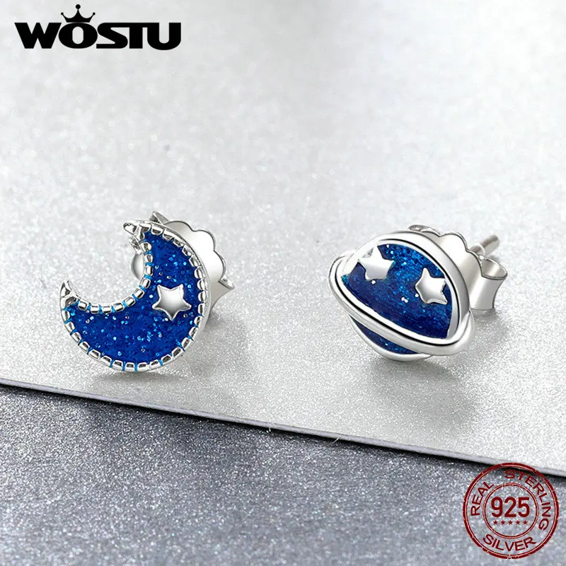 WOSTU Genuine 925 Sterling Silver Sparkling Moon & Planet Galaxy Stud Earring for Women Party Fine Jewelry Silver Earring FME151