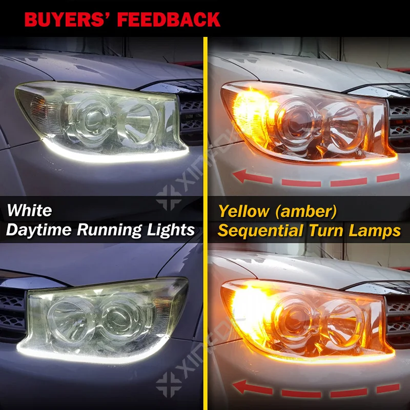 2x 30cm 45cm 60cm Waterproof Switchback LED DRL Daytime Running Light Flexible Car LED Strip Headlight Turn signal Light