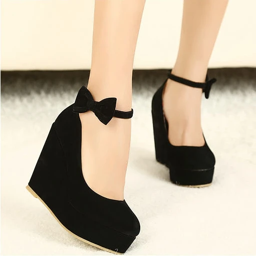 New hot Women High Heels Shoes Plus Size Platform Wedges Female Pumps Elegant Flock Buckle Bowtie Ankle Strap Party Wedding Shoe