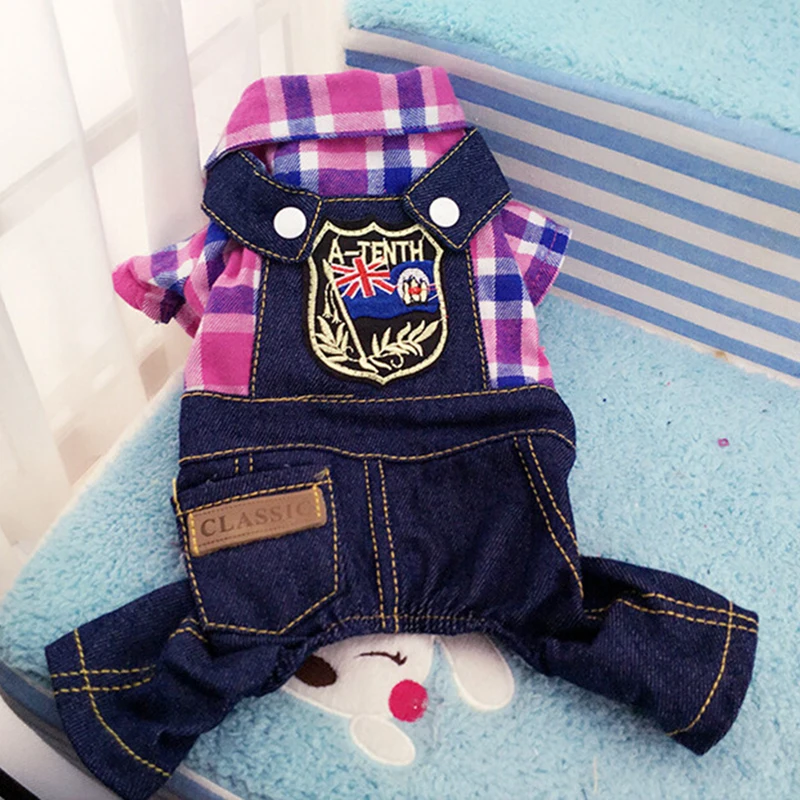 High Quality Leisure Plaid Clothes Dog Pet Denim Straps Jeans Overalls Pet Costumes Dogs Jumpsuits Jacket Four Leg Dog Clothing