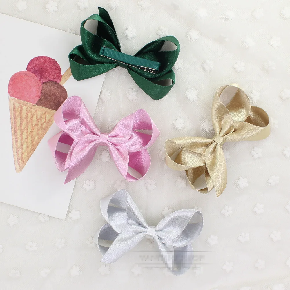 20pcs Fashion Cute Glitter Ribbon Bow Hairpins Solid Bowknot Hair Clips Princess Headwear Girls Hair Accessories