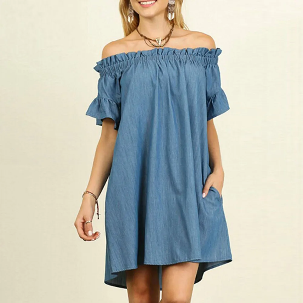 Jeans Dress Womens Off The Shoulder Denim Look Shirt Dress Tops Vestido Curto