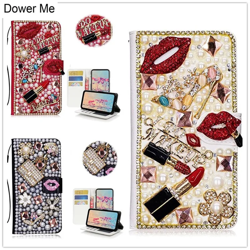 Diamond Kiss Lipstick High Heel Flower Handbag Wallet Card Slot Leather Case For Iphone 17 Air 16 15 14 13 12 11 Pro XS Max Plus