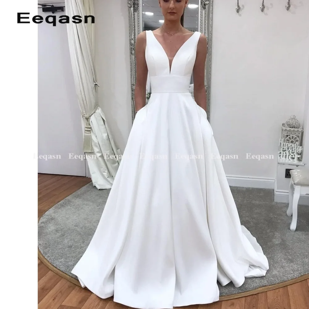 

Simple Wedding Dress with Pockets Satin A Line White Bridal Gown robe de mariee vestidos de casamento vestido de noiva