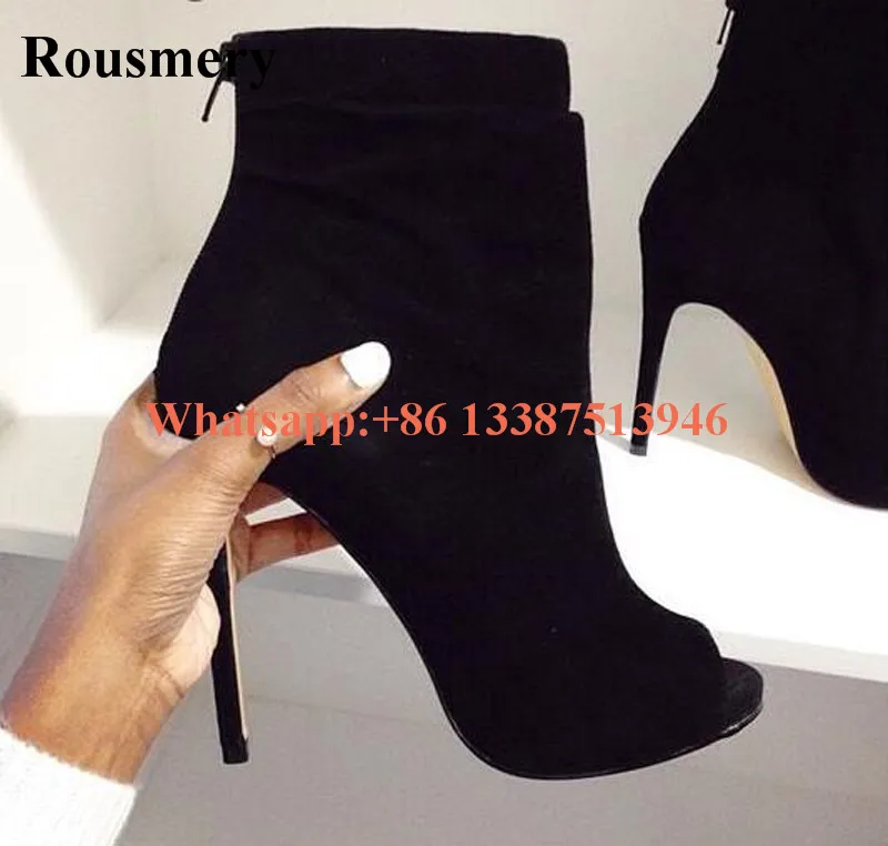 

Fashion Design Women Open Toe Black Suede Leather Back Zipper-up Ankle Boots Thin Heel Classical High Heel Short Boots