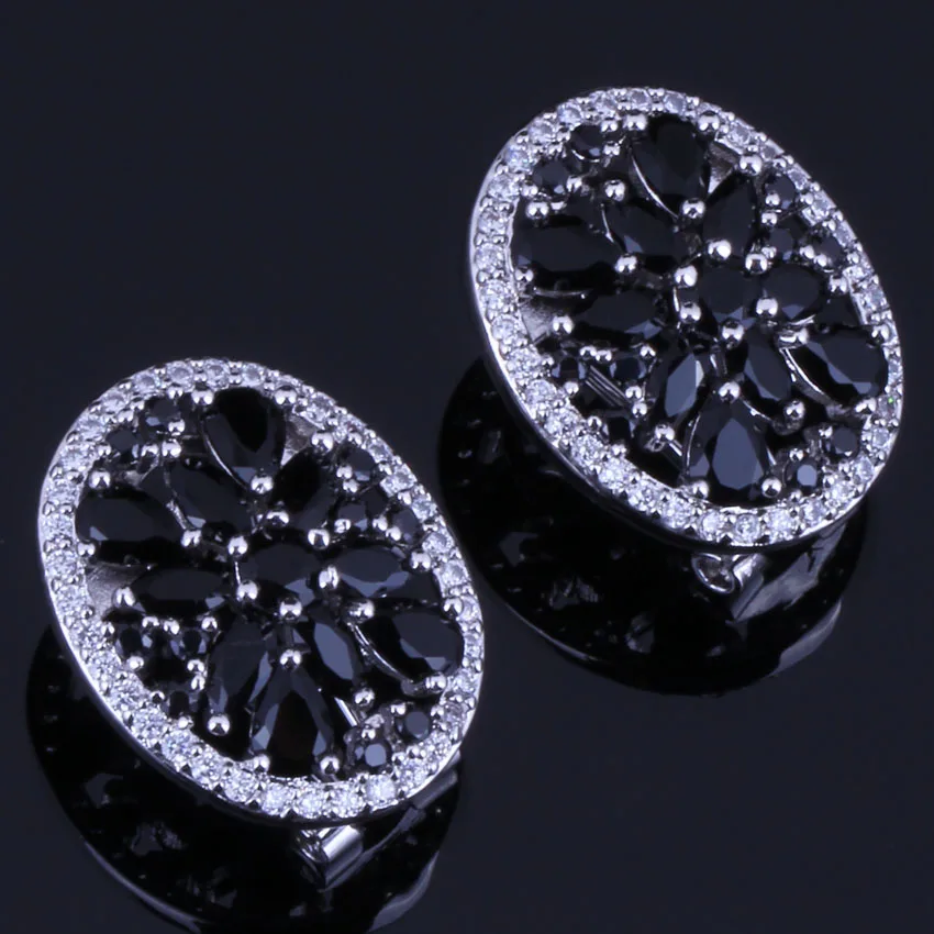 Unique Black Cubic Zirconia White CZ Silver Plated Clip Hoop Huggie Earrings V0377