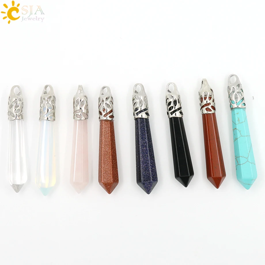 CSJA Reiki Natural Gem Stone Beads Blue Sand Long Hexagonal Prism Healing Point Opal Necklace Pendants Men Women Jewelry E004