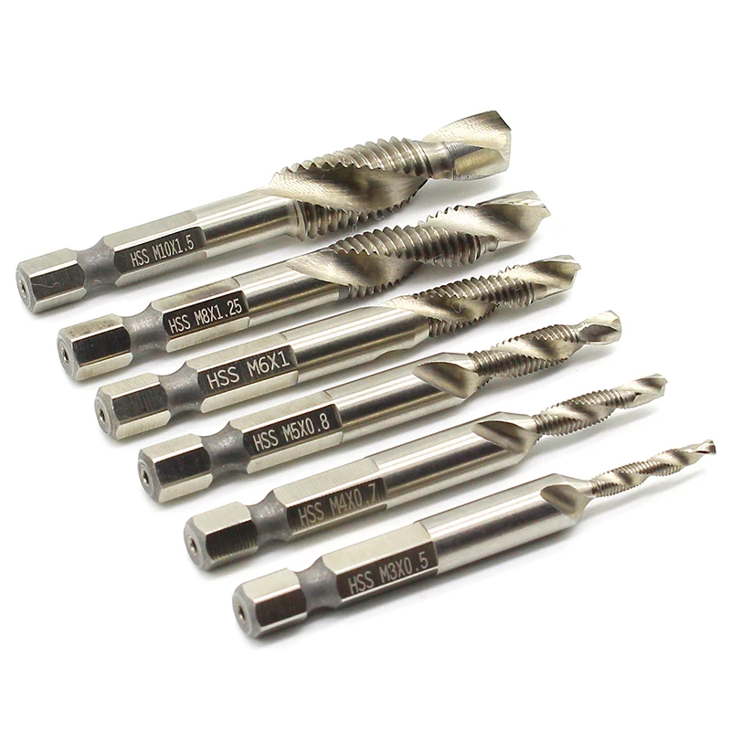 1/4\'\' Hex HSS High Speed Steel Thread Spiral Screw M3 M4 M5 M6 M8 M10 Metric Composite Tap Drill Bit Tap 6pcs/set