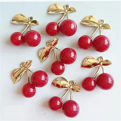 10pcs/lot Alloy Creative Gold Leaf Red Cherry Pendant Buttons Ornaments Jewelry Earrings Choker Hair DIY Jewelry Accessories