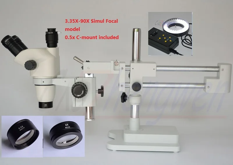 

FYSCOPE 3.35X-90X 7X-45X DOUBLE BOOM STAND TRINOCULAR SIMUL FOCAL HEAD INSPECT STEREO ZOOM MICROSCOPE+64PCS LED