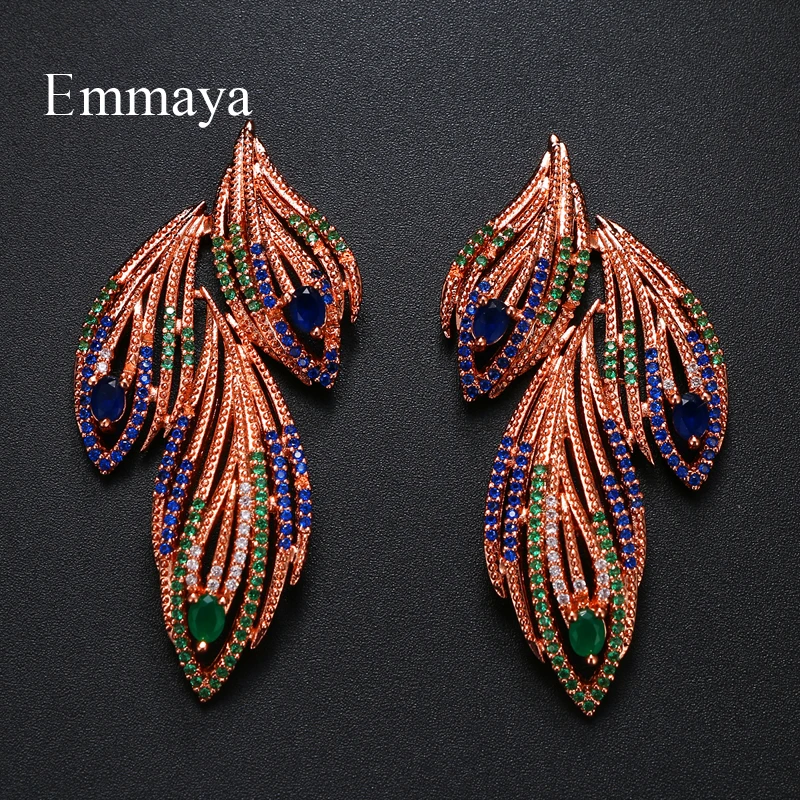 Emmaya Brand Charm Multicolor Fashion Gorgeous AAA Cubic Zircon Feather Shape Earrings For Woman Wedding Christmas Party Gift