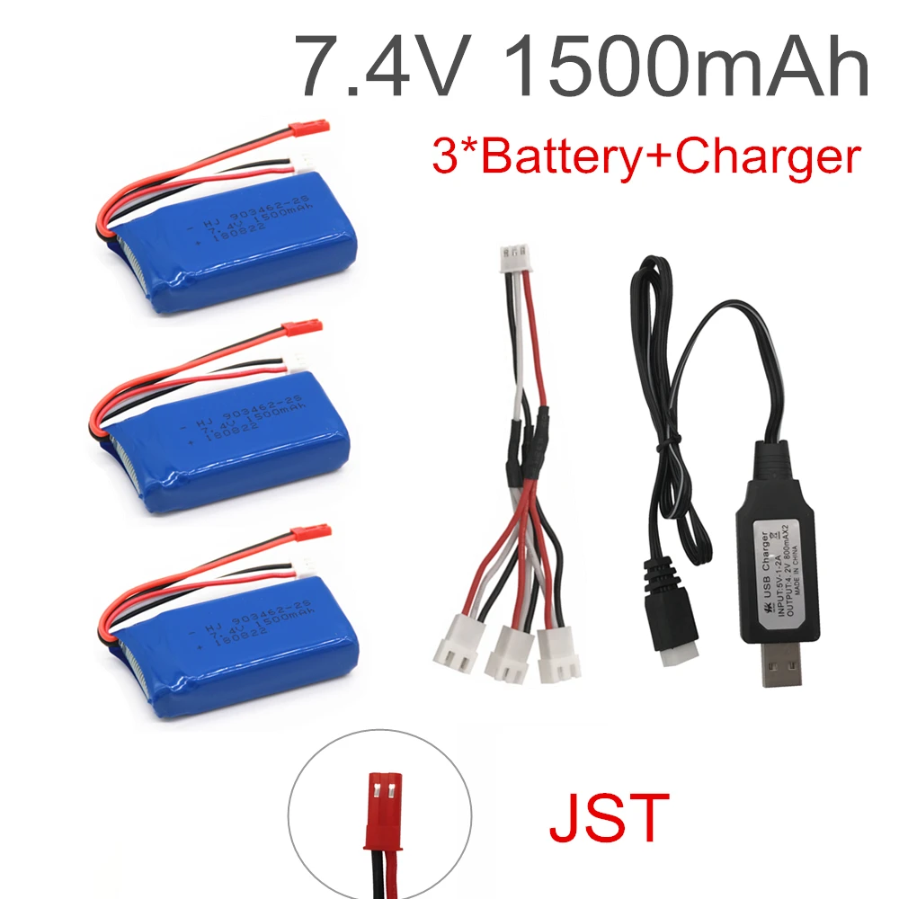 Batteria Lipo 7.4 V 1500 mAh con caricatore USB per FT009 RC Boat 12428 144001 batteria Lipo 2S 7.4 V 1500 mah 903462 2S JST SM T PLUG