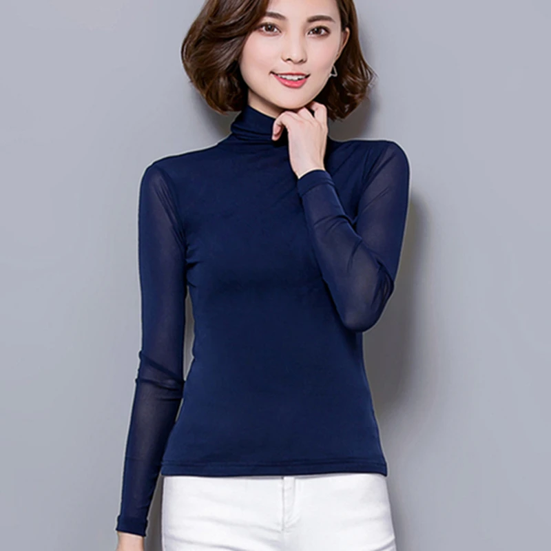 Lưới Sexy Áo Áo Nữ Cao Cổ Tay Dài Cao Cấp Đàn Hồi Áo Sơ Mi Đen Silm Blusas Mujer De Moda Cổ Áo Sơ Mi Mới