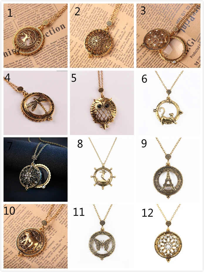 Hollow Magnifying Glass Necklaces Vintage Antique Gold Necklaces Pendant For Women Femme Link Chain 12 different styles