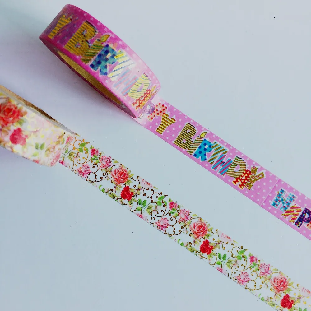 Cinta de Papel washi con estampado de lámina dorada, cinta washi de feliz cumpleaños y flores, 15mm x 10m, Envío Gratis