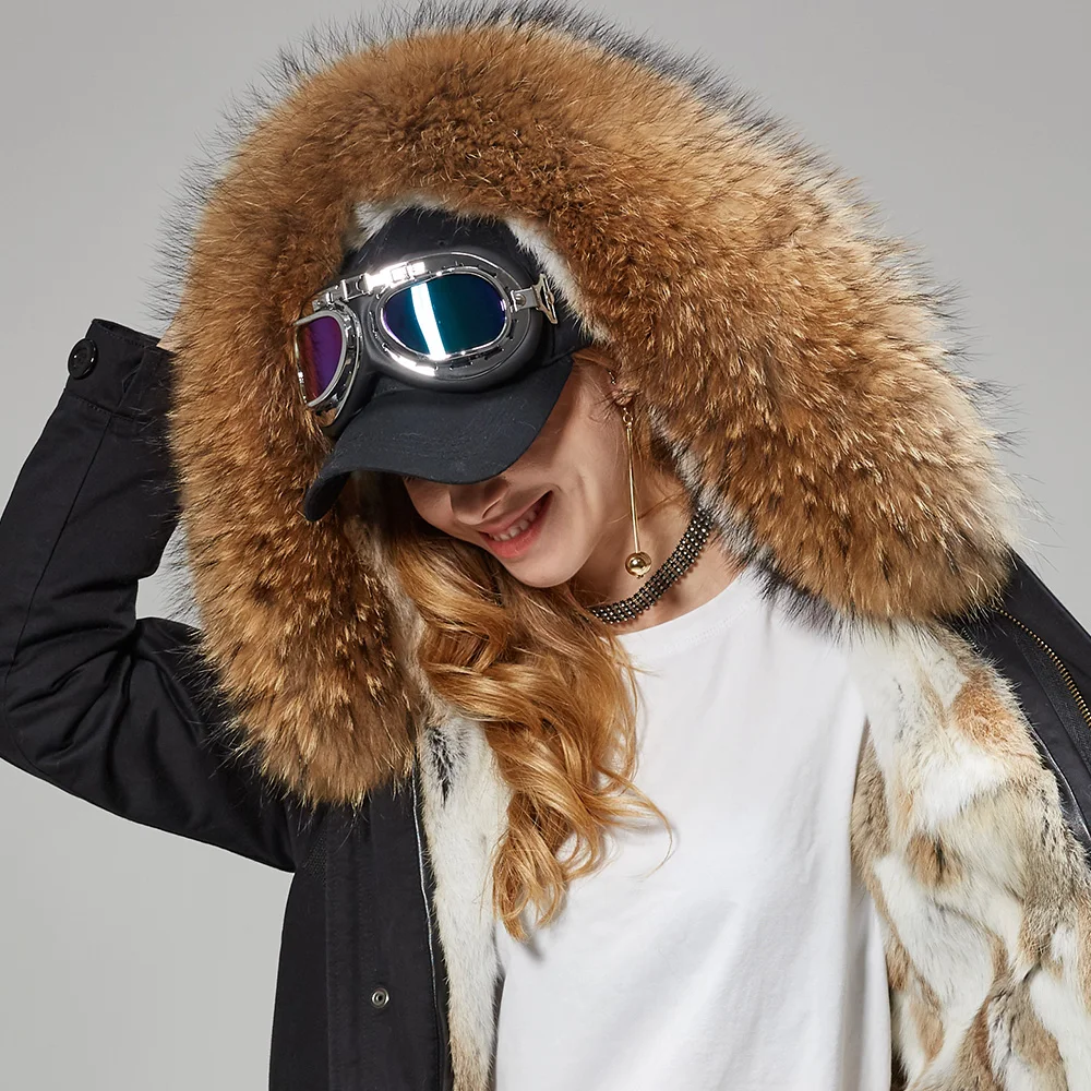 Maomaokong 2022 donna grande collo di pelliccia di procione cappotto con cappuccio parka Outwear fodera in pelliccia di coniglio staccabile giacca