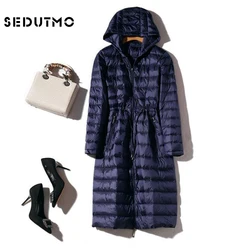 SEDUTMO Winter Long Womens Down Jackets Ultra Light Duck Down Coat Hoodie Warm Slim Autumn Puffer Jacket Outerwear ED499