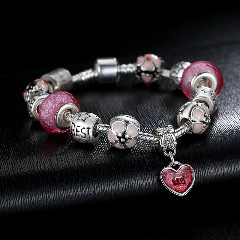 WOSTU Romantic Silver Plated Flower Heart Charm Beads Bracelet DIY Jewelry for Women Fit Original Bracelets Pulseira 1459