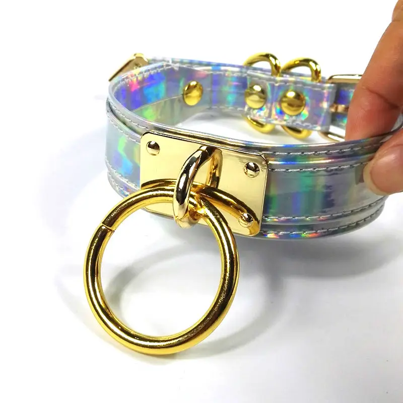 Chic Holographic Choker Punk Handmade Rainbow Laser Choker Gold Metal Harajuku Circle Round Layer pu Leather Necklace