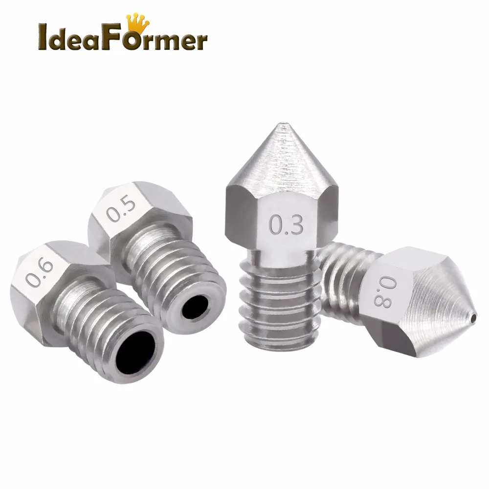 2pcs MK8 Stainless Steel M6 Threaded Nozzle 0.2/0.3/0.4/0.5/0.6/0.8mm For 1.75mm/3.0mm Fliament 3D Printer Extruder Print Head