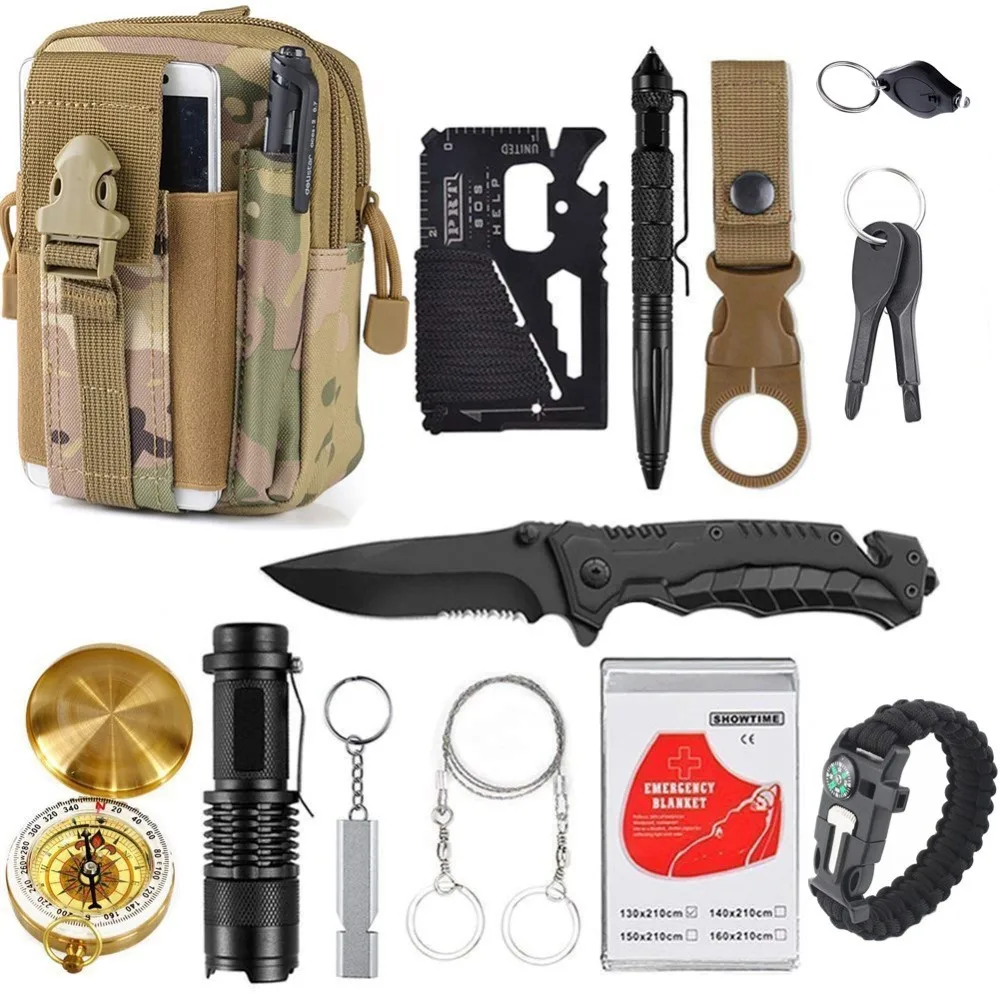 13 In 1 Emergency Survival Gear Professional First Aid Kit Outdoor Camping Hiking Survival Tools Whistle Tactical Tools for Wild