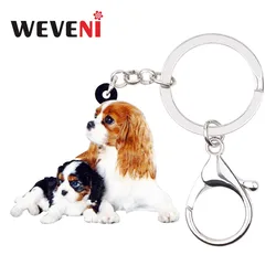 WEVENI Acrylic Cute Double Cavalier King Charles Spaniel Dog Key Chains Keychains Rings Bag Car Charms Jewelry For Women Girls