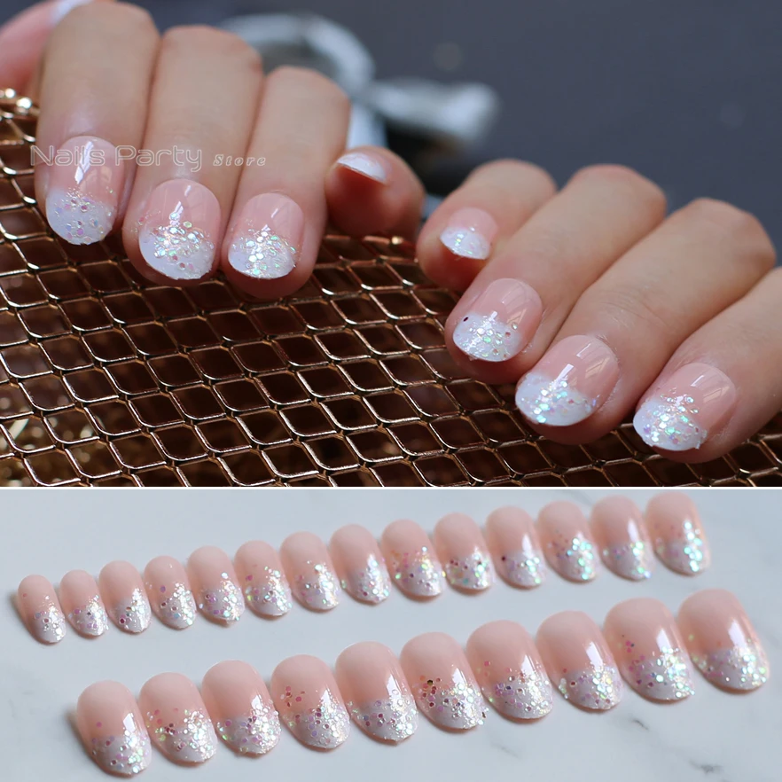 Pink nude oval fake nails french glitter false nails AB Diamond flash Cute girl Medium lovely