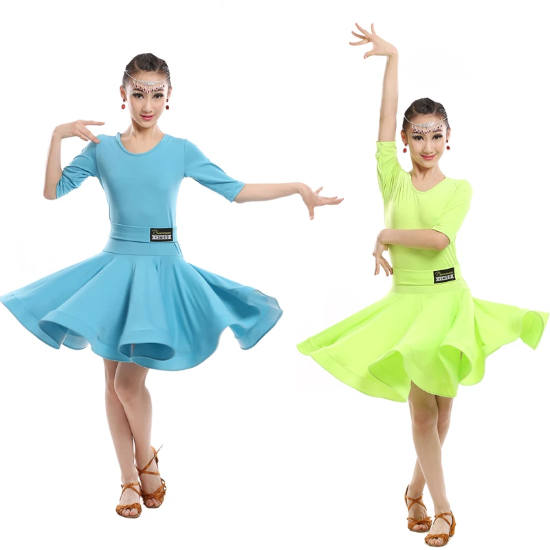 Girls Green Blue Latin dancing dress Kids Ballroom Salsa Dance wear Outfits Children\'s Party Stage wear costumes long sleeve