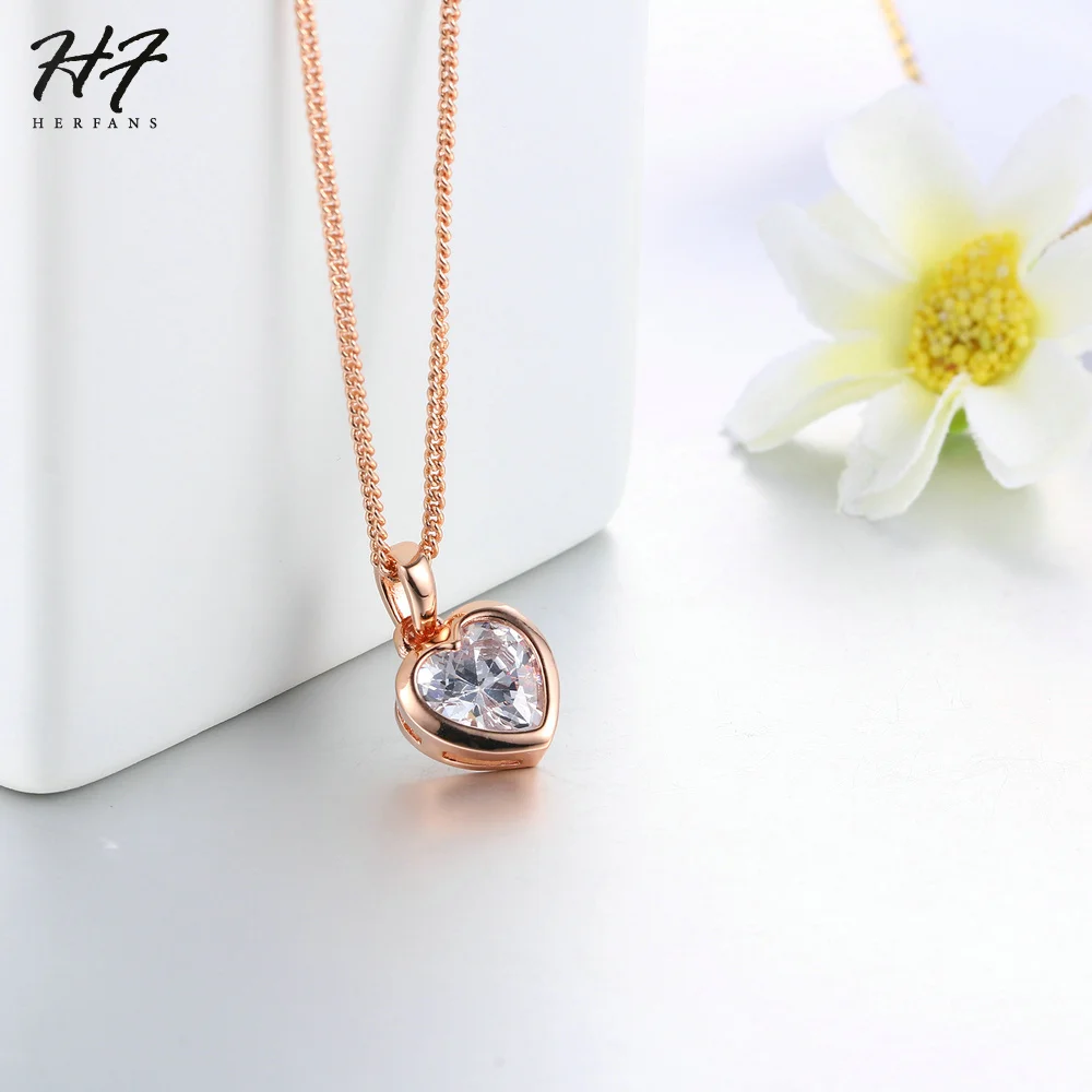 Romantic Heart Pure Pendant Necklaces for Women Rose Gold Color Rhinestones Wedding Jewelry For Women Xmas Gift N130