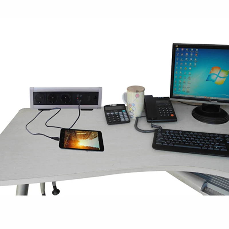Countertop Movable Triangle Desktop Power Outlet Table Clamp Electrical Socket 3 EU Plugs 2 USB Charger Ports HDMI RJ45 Network