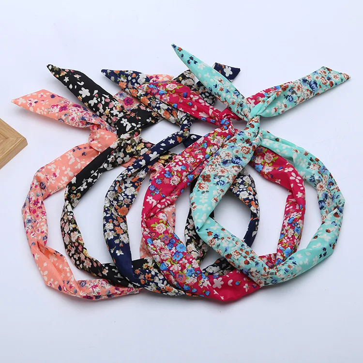 1Pc Cute Flower Dots lip print flower Bunny Rabbit Ear Ribbon Headwear Hairband Metal Wire Scarf Headband Hair Band Accessories