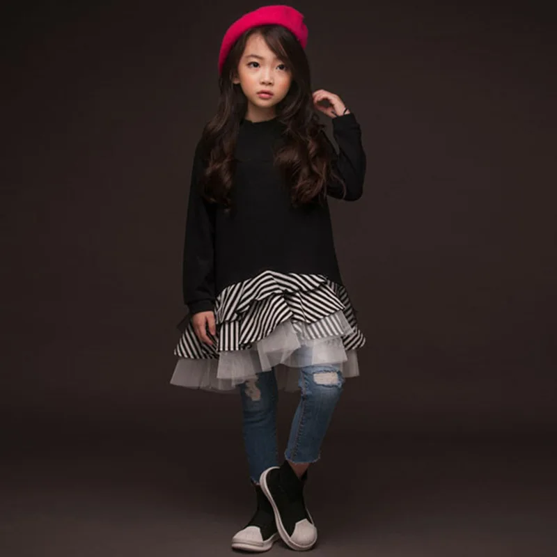 New 2024 Spring Autumn Baby Teen Girls Dress Long Sleeved Children's Stripe Dress Cotton Ruffles Patchwork Kids Fashion Dresses