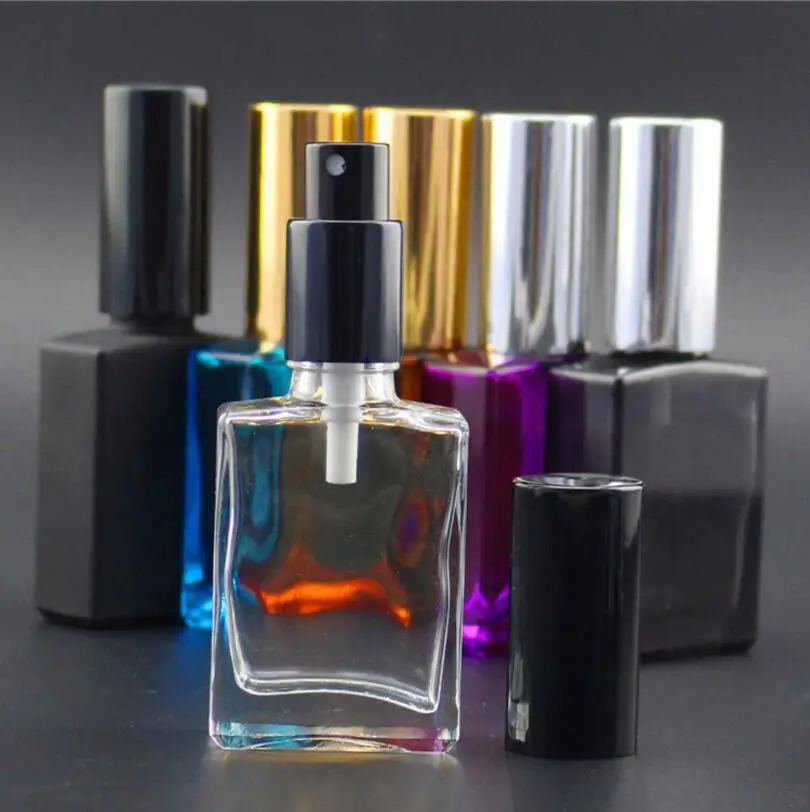 Wholesale 100pcs/lot high quality 30ML empty colorful flat square perfume glass cosmetic spray bottles