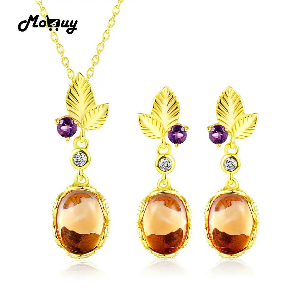 MoBuy Leaf Flower 925 Sterling Silver Jewelry Set For Women Natural Gemstone Oval Citrine Fine Jewelry Yellow Gold Plated V022EN