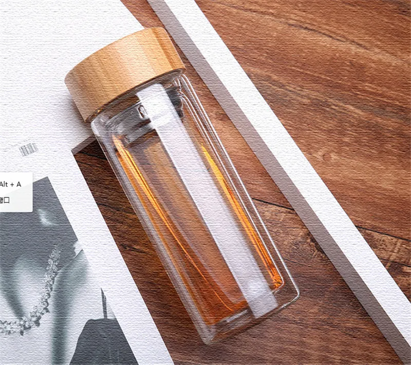 Fruit Tea Bottle Glass Bottle Water Bottle Infuser With Filter Strainer Borosilica Double Wall Drink Bamboo Lid Travel Drinkware