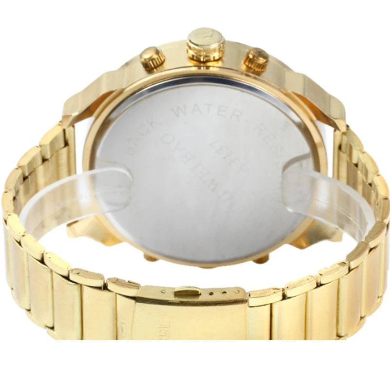 Reloj grande de lujo para hombre, pulsera de acero dorado, de cuarzo, con zona horaria Dual, militar, informal